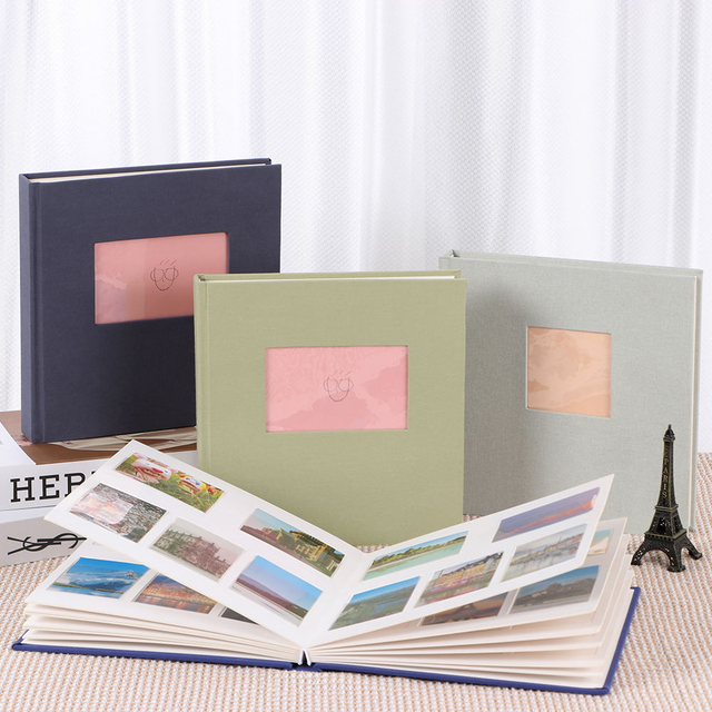 Álbum de fotos DIY Capa de tecido de linho colorido com janela frontal 6x4 Slip-in para casamento de fotos de fotos de família para bebê